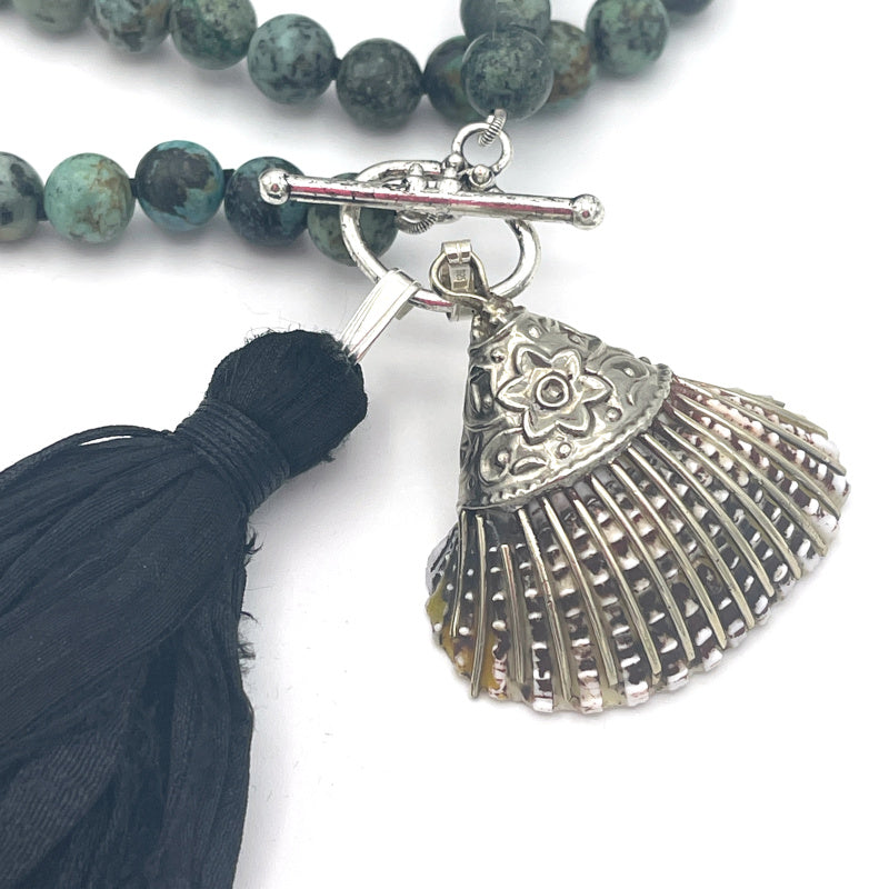 African Turquoise Tassel Necklace with Vintage Shell Pendant
