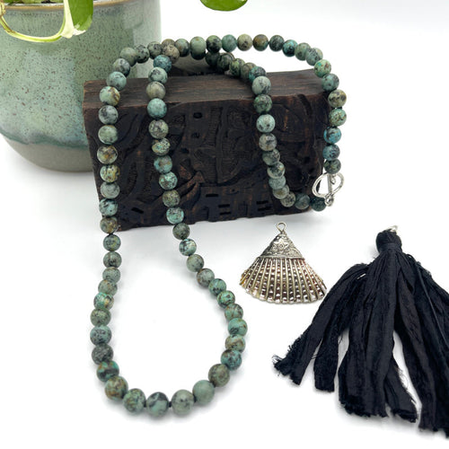 African Turquoise Gem Necklace with Antique Silver Shell Clam Charm