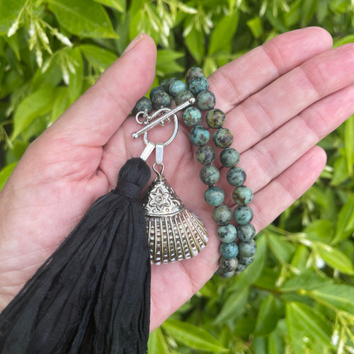 African Turquoise Gem Necklace with Antique Silver Shell Clam Charm