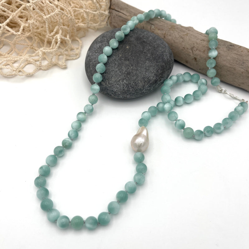 Green Moonstone & Baroque Pearl Necklace