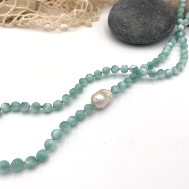 Green Moonstone & Baroque Pearl Necklace