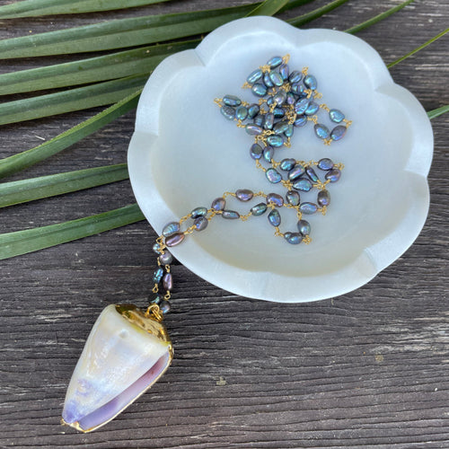 Black Freshwater Pearl with Lavender Seashell Pendant Necklace