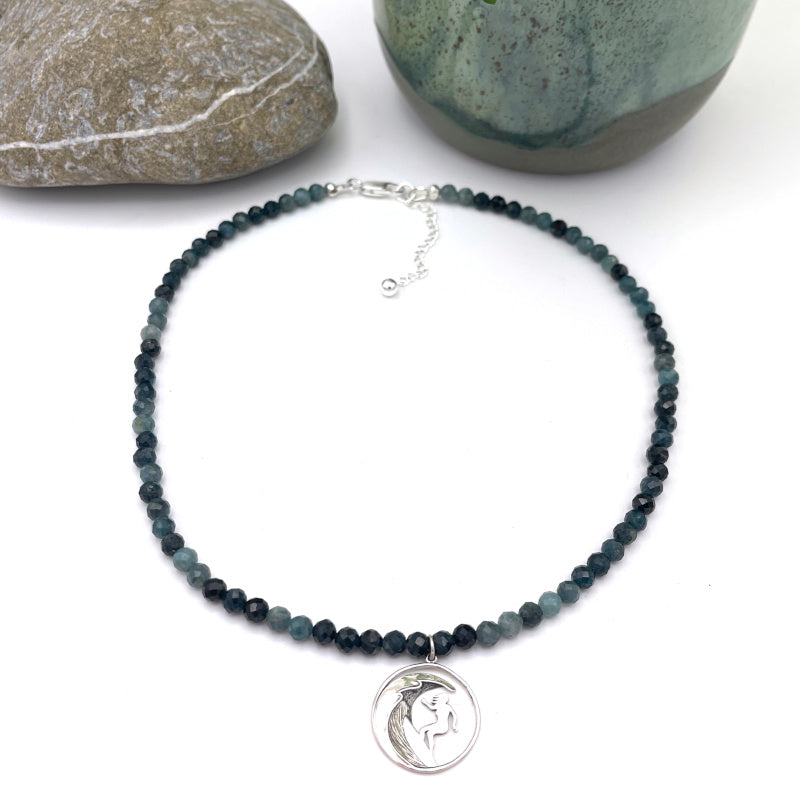Blue Tourmaline Necklace with Silver Surfer Girl Charm
