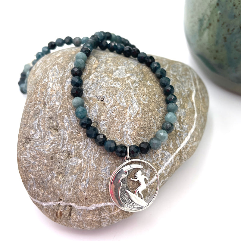 Blue Tourmaline Necklace with Silver Surfer Girl Charm