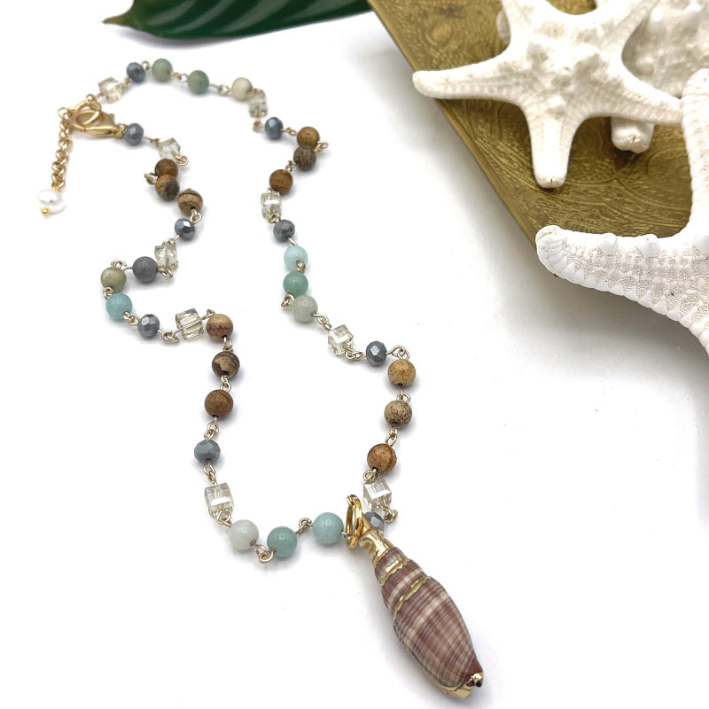 Amazonite Necklace with Vintage Seashell Pendant