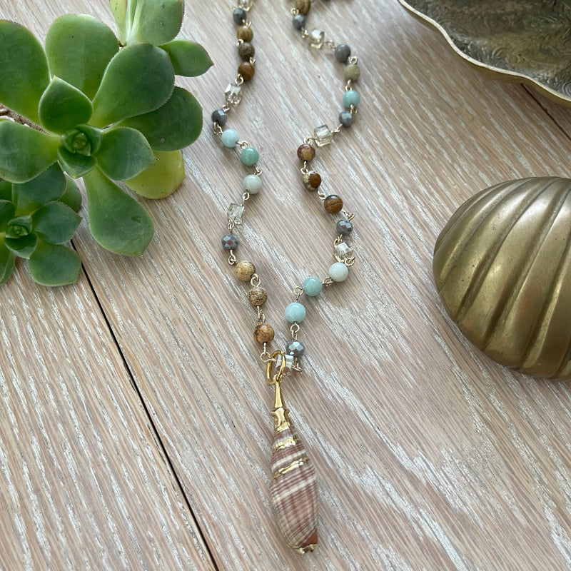 Amazonite Necklace with Vintage Seashell Pendant