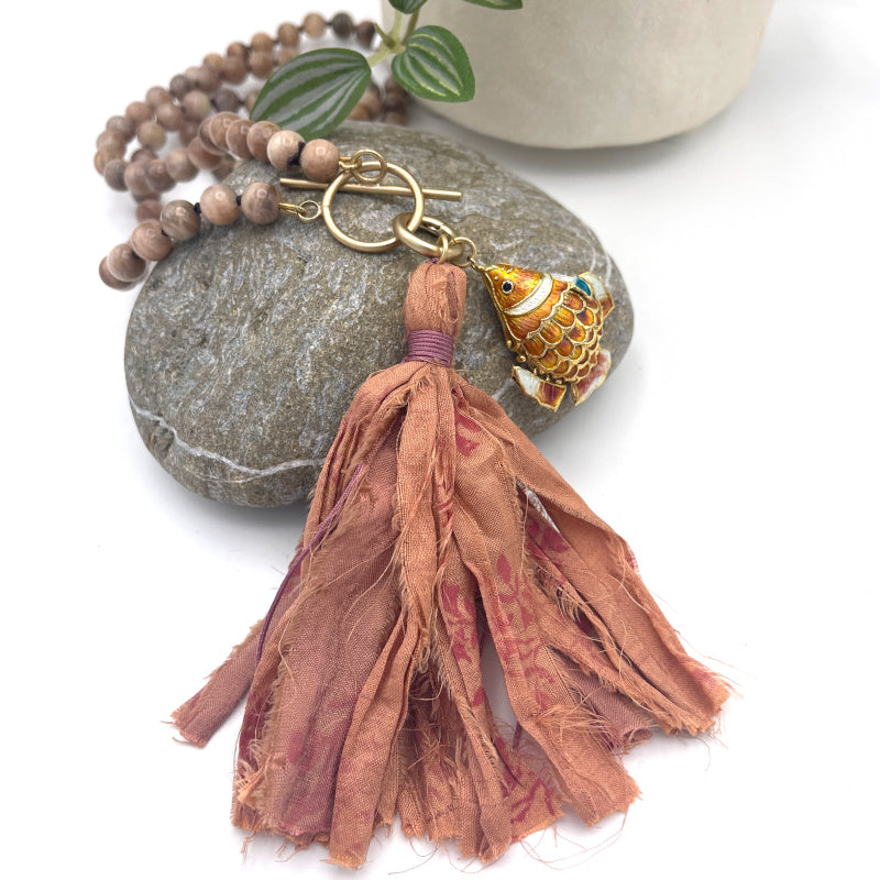 Lucky Fish Necklace with Peach Moonstone Gemstones