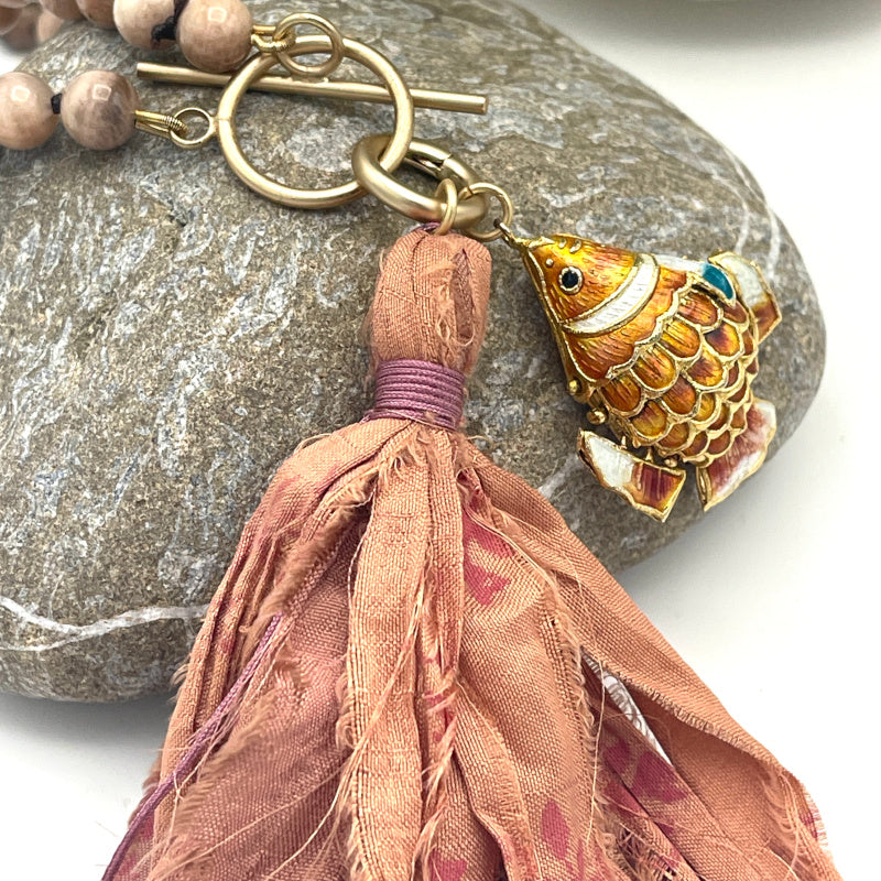 Lucky Fish Necklace with Peach Moonstone Gemstones