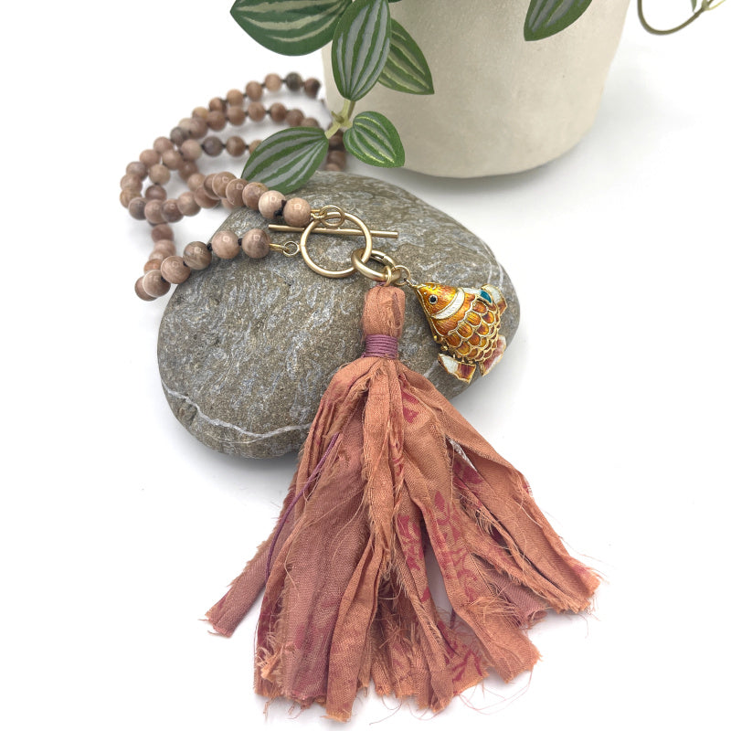 Lucky Fish Necklace with Peach Moonstone Gemstones