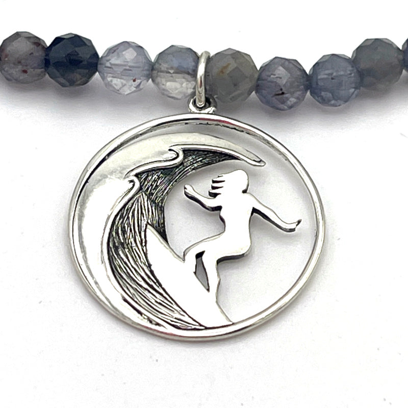 Silver Surfer Iolite Gemstone Charm Necklace Charm Closeup of Female Surfer on a Wave